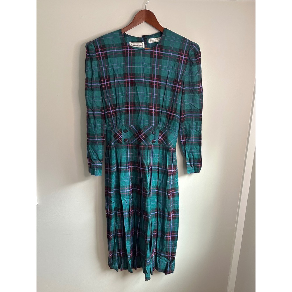 Karin Stevens Plaid Midi Dress Womens 18M Green Vintage EUC Shoulder Pads Rayon